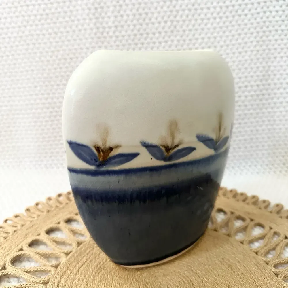 Signed Burslem 2006 Blue Cream Ceramic Glazed Slim Oval Floral Pottery Vase